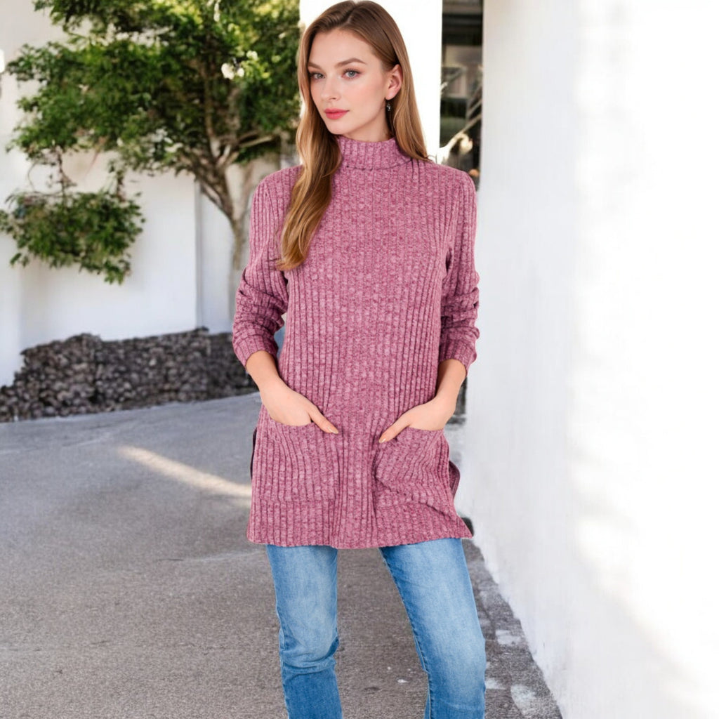 Anna-Kaci Women's Ribbed Knit Turtleneck Tunic Sweater with Front Pockets