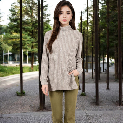 Anna-Kaci Women's Ribbed Knit Turtleneck Tunic Sweater with Front Pockets