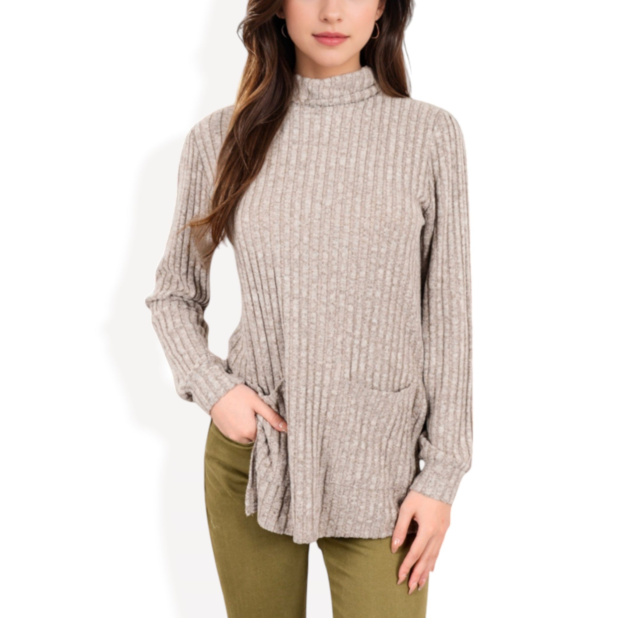 Anna-Kaci Women's Ribbed Knit Turtleneck Tunic Sweater with Front Pockets