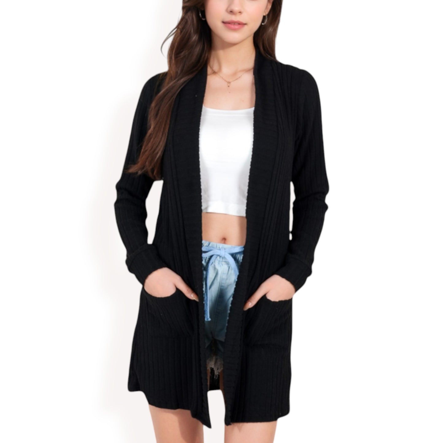 Anna-Kaci Women's Open Front Ribbed Knit Cardigan with Front Pockets