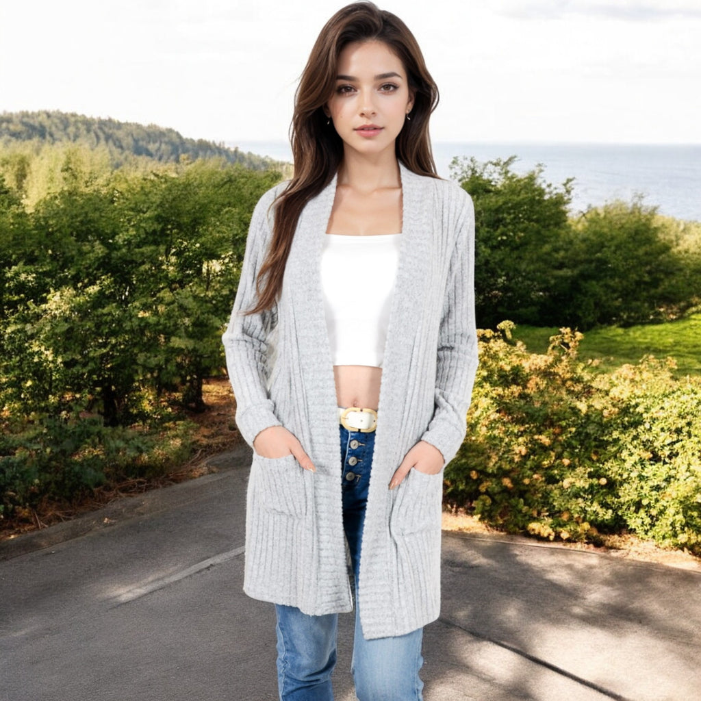 Anna-Kaci Women's Open Front Ribbed Knit Cardigan with Front Pockets