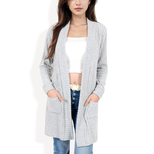 Anna-Kaci Women's Open Front Ribbed Knit Cardigan with Front Pockets