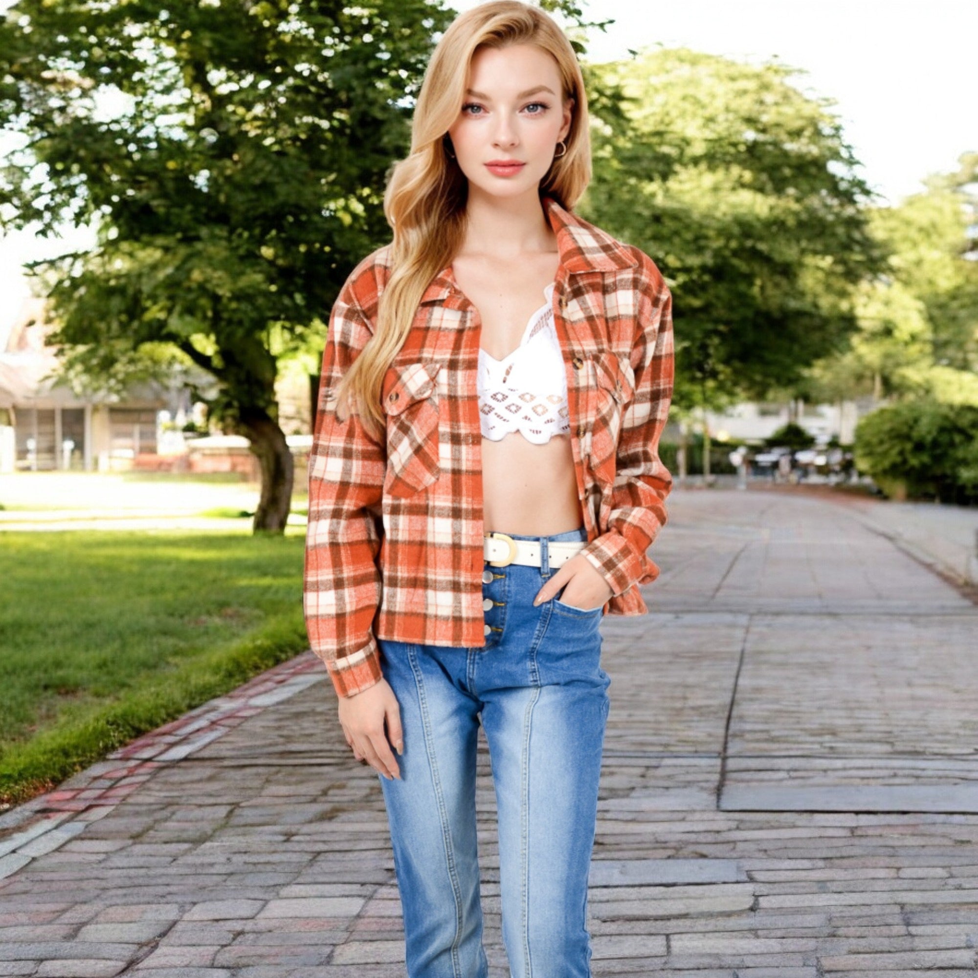 Anna-Kaci Women's Button-Up Plaid Shirt with Chest Pockets and Long Sleeves