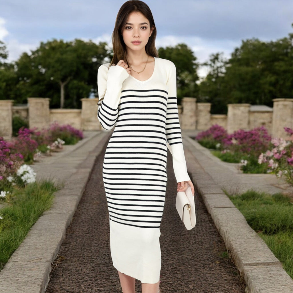 Anna-Kaci Women's Striped Knit Midi Dress with Long Sleeves and Ribbed Texture