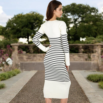Anna-Kaci Women's Striped Knit Midi Dress with Long Sleeves and Ribbed Texture