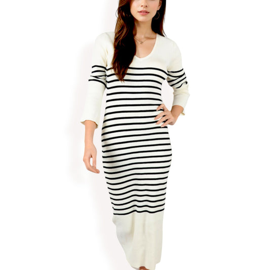 Anna-Kaci Women's Striped Knit Midi Dress with Long Sleeves and Ribbed Texture