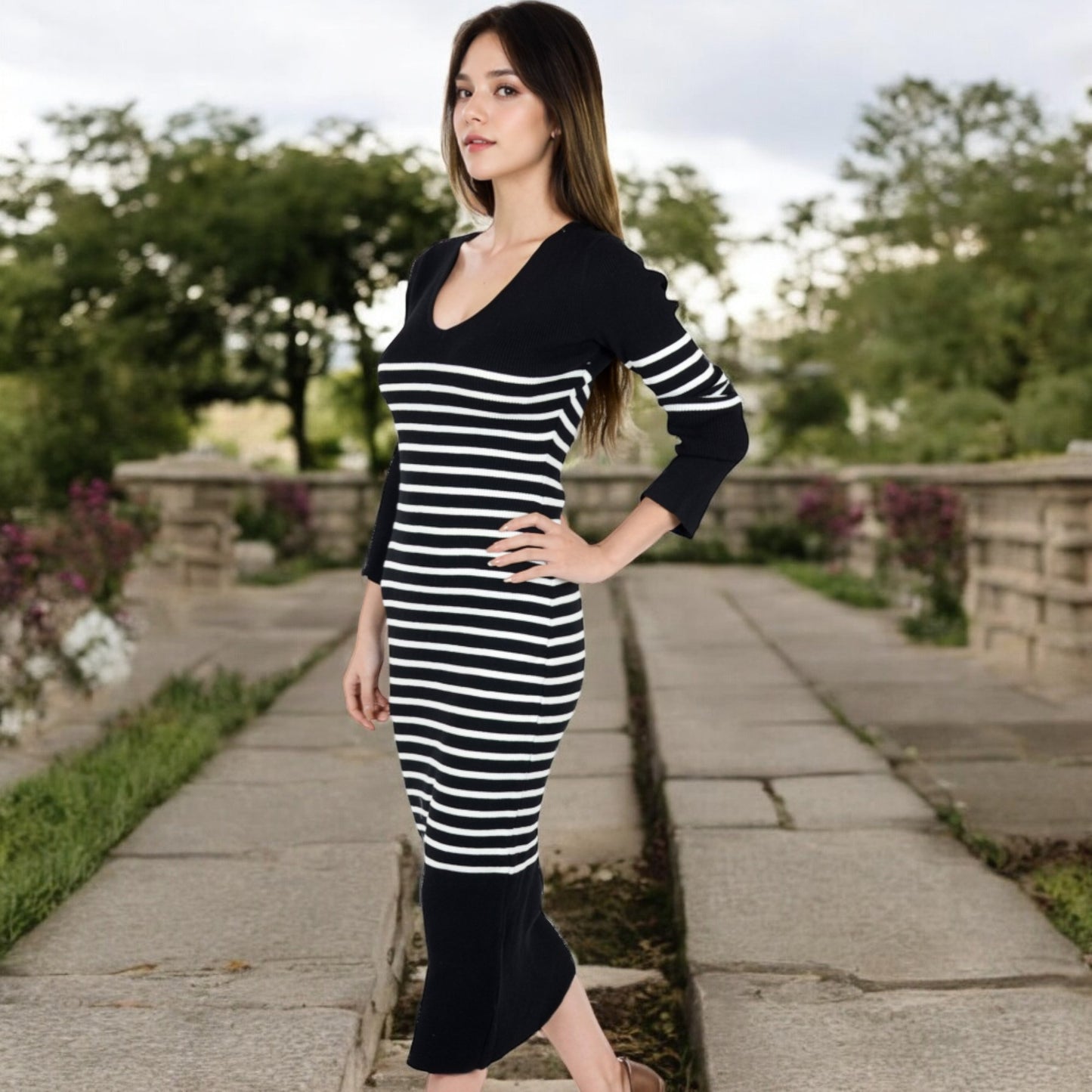 Anna-Kaci Women's Striped Knit Midi Dress with Long Sleeves and Ribbed Texture