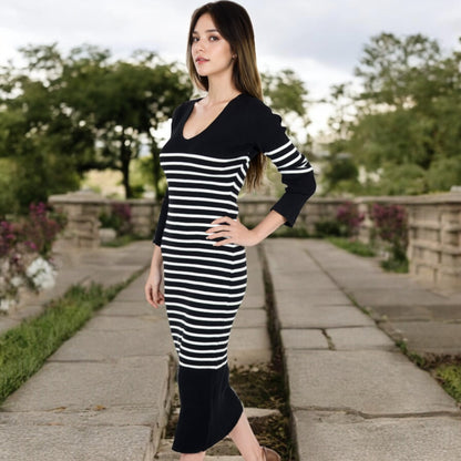Anna-Kaci Women's Striped Knit Midi Dress with Long Sleeves and Ribbed Texture