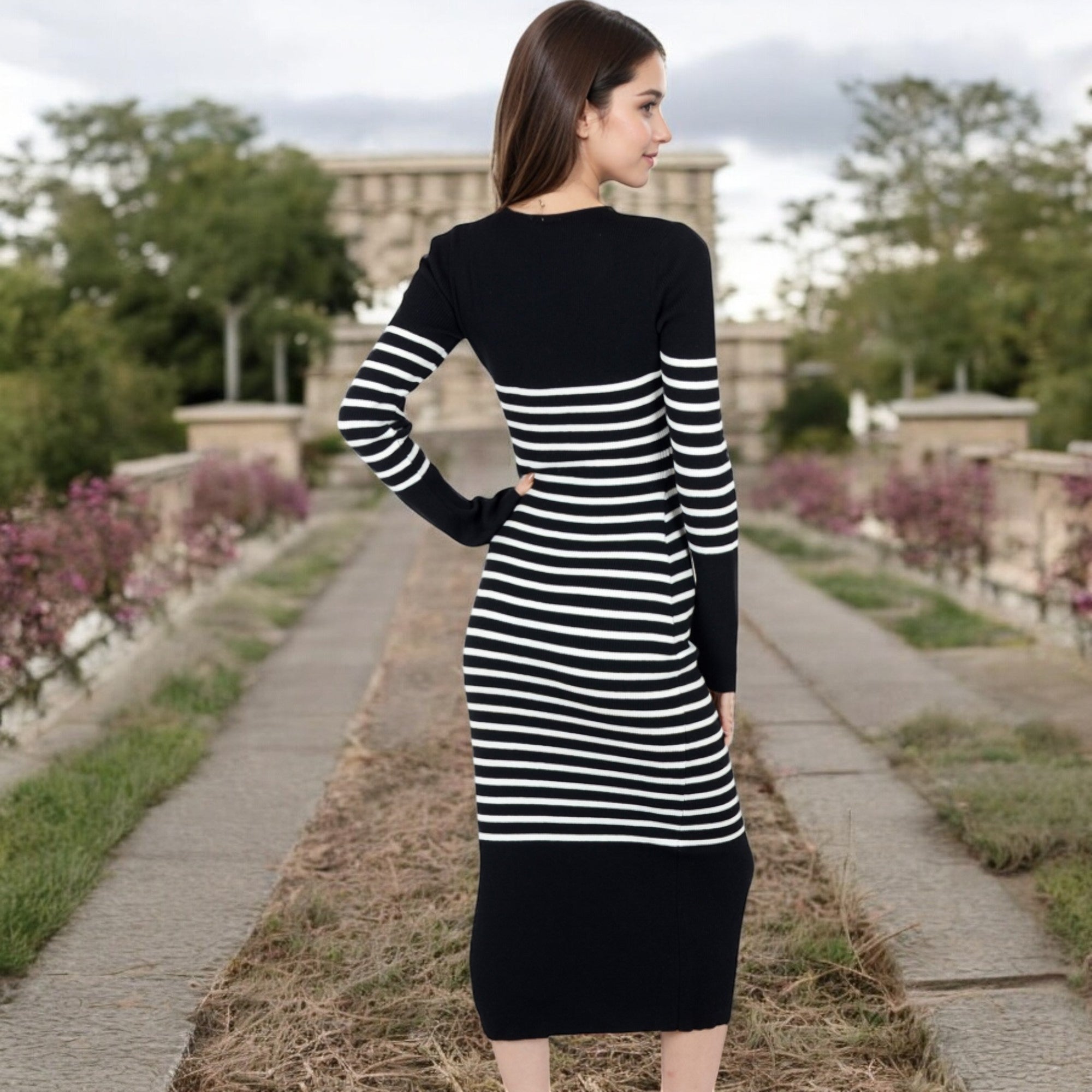 Anna-Kaci Women's Striped Knit Midi Dress with Long Sleeves and Ribbed Texture