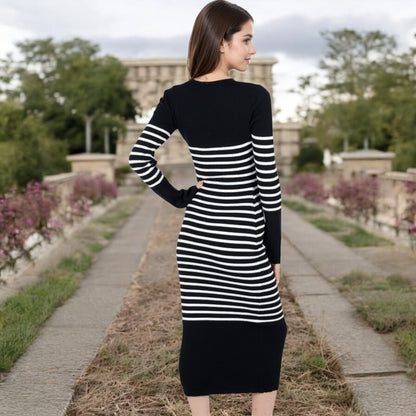 Anna-Kaci Women's Striped Knit Midi Dress with Long Sleeves and Ribbed Texture