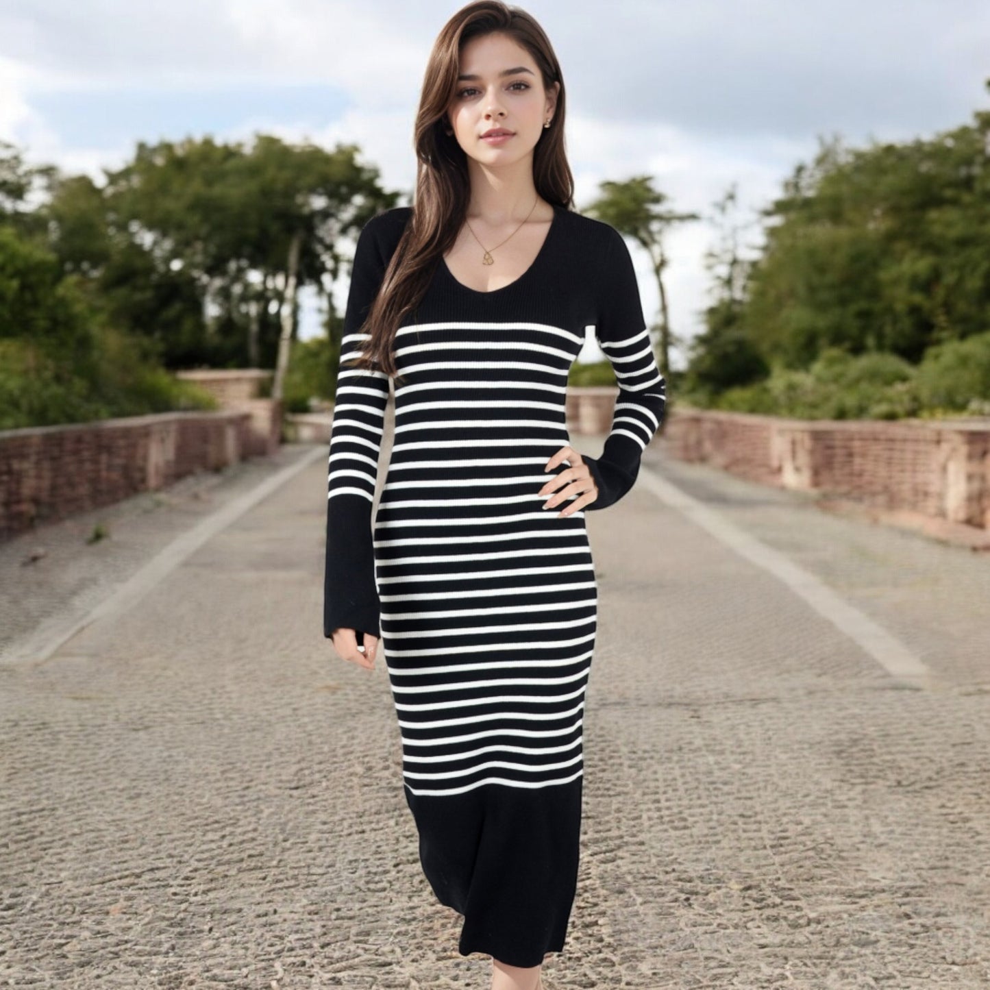 Anna-Kaci Women's Striped Knit Midi Dress with Long Sleeves and Ribbed Texture