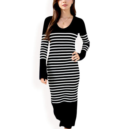 Anna-Kaci Women's Striped Knit Midi Dress with Long Sleeves and Ribbed Texture