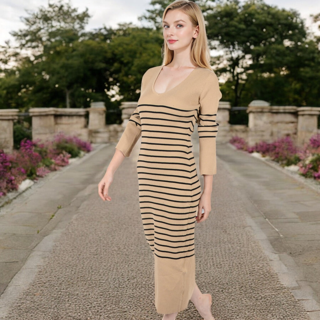 Anna-Kaci Women's Striped Knit Midi Dress with Long Sleeves and Ribbed Texture