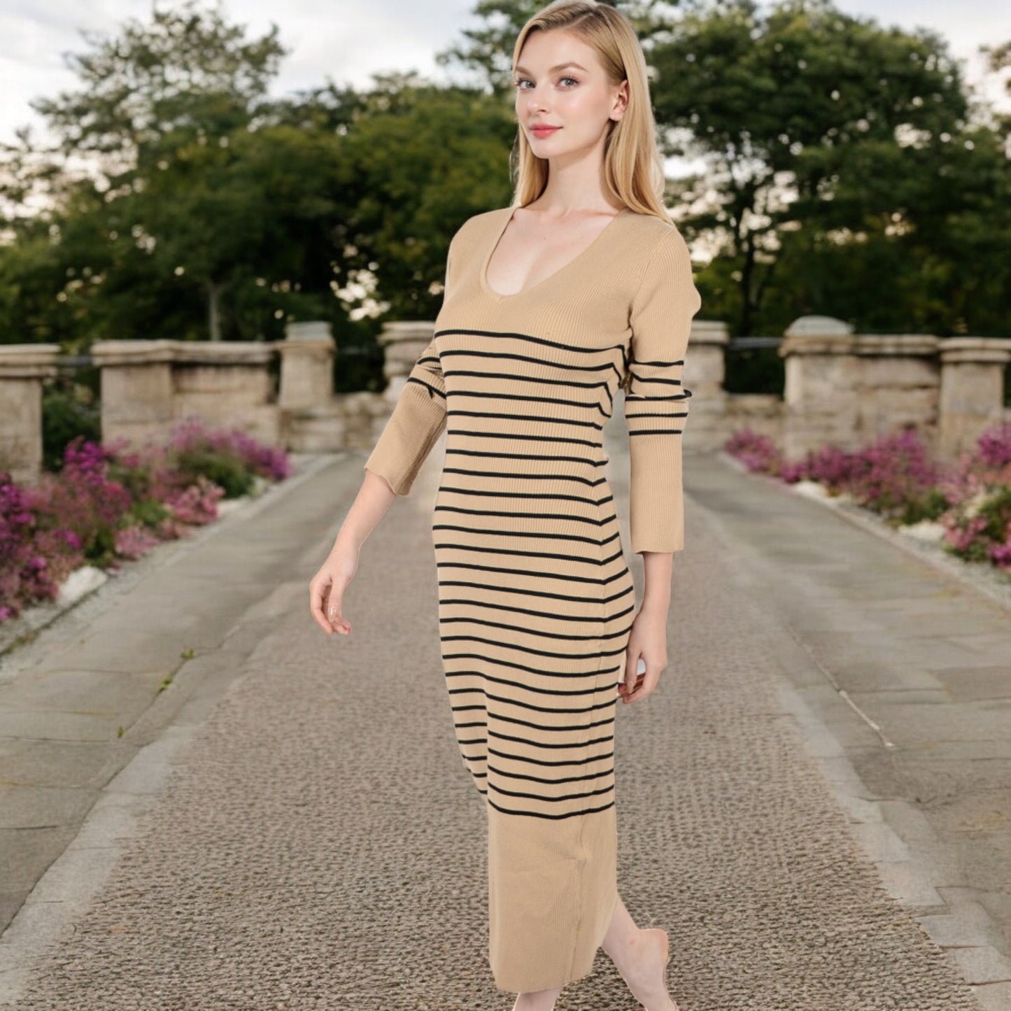 Anna-Kaci Women's Striped Knit Midi Dress with Long Sleeves and Ribbed Texture