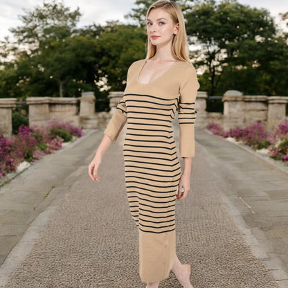 Anna-Kaci Women's Striped Knit Midi Dress with Long Sleeves and Ribbed Texture