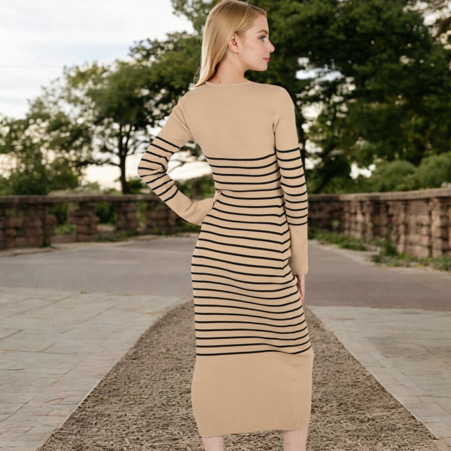 Anna-Kaci Women's Striped Knit Midi Dress with Long Sleeves and Ribbed Texture