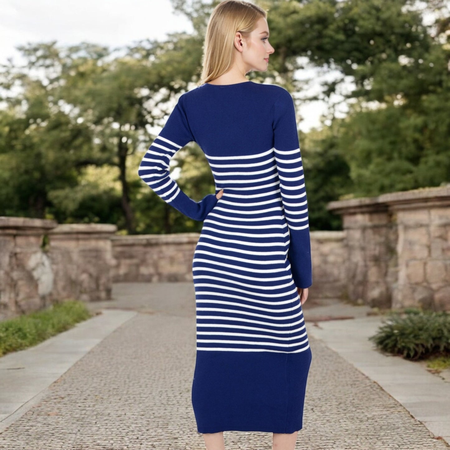 Anna-Kaci Women's Striped Knit Midi Dress with Long Sleeves and Ribbed Texture