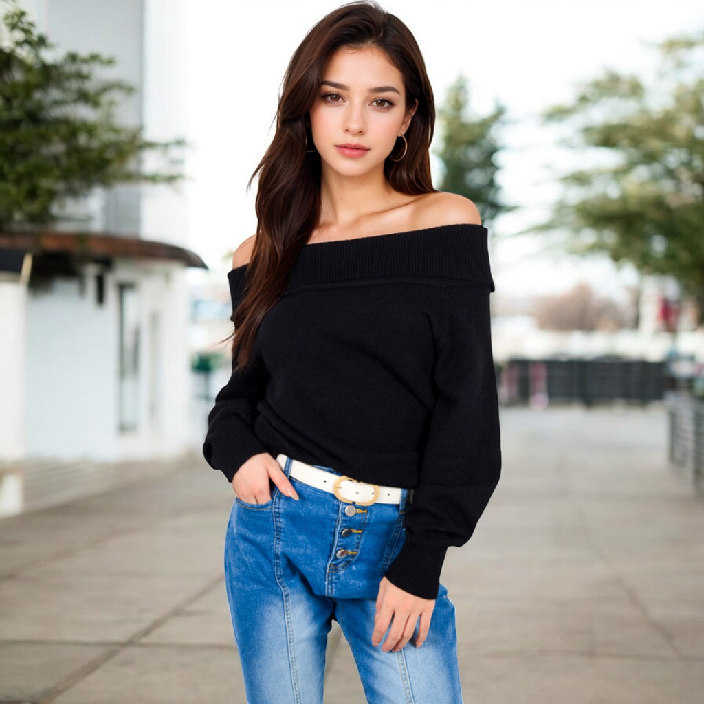 Anna-Kaci Women's Off-Shoulder Ribbed Knit Sweater with Long Sleeves