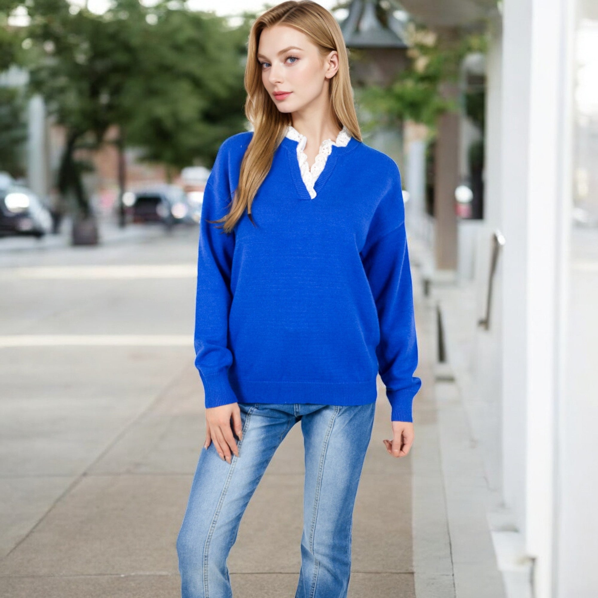 Anna-Kaci Women's Long Sleeve Sweater with V-Neckline and Lace Trim Detail