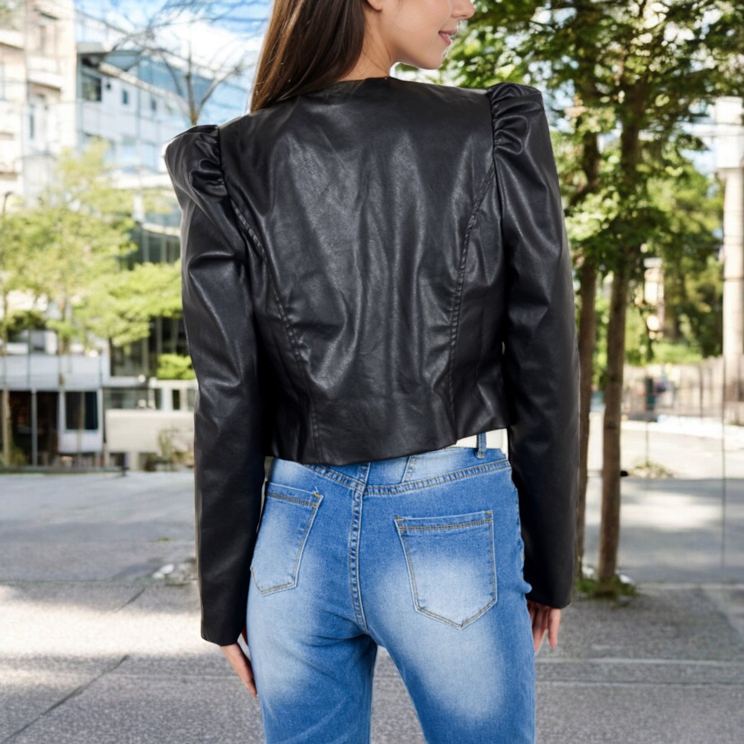Anna-Kaci Women's Cropped Faux Leather Jacket with Puff Shoulder Detail
