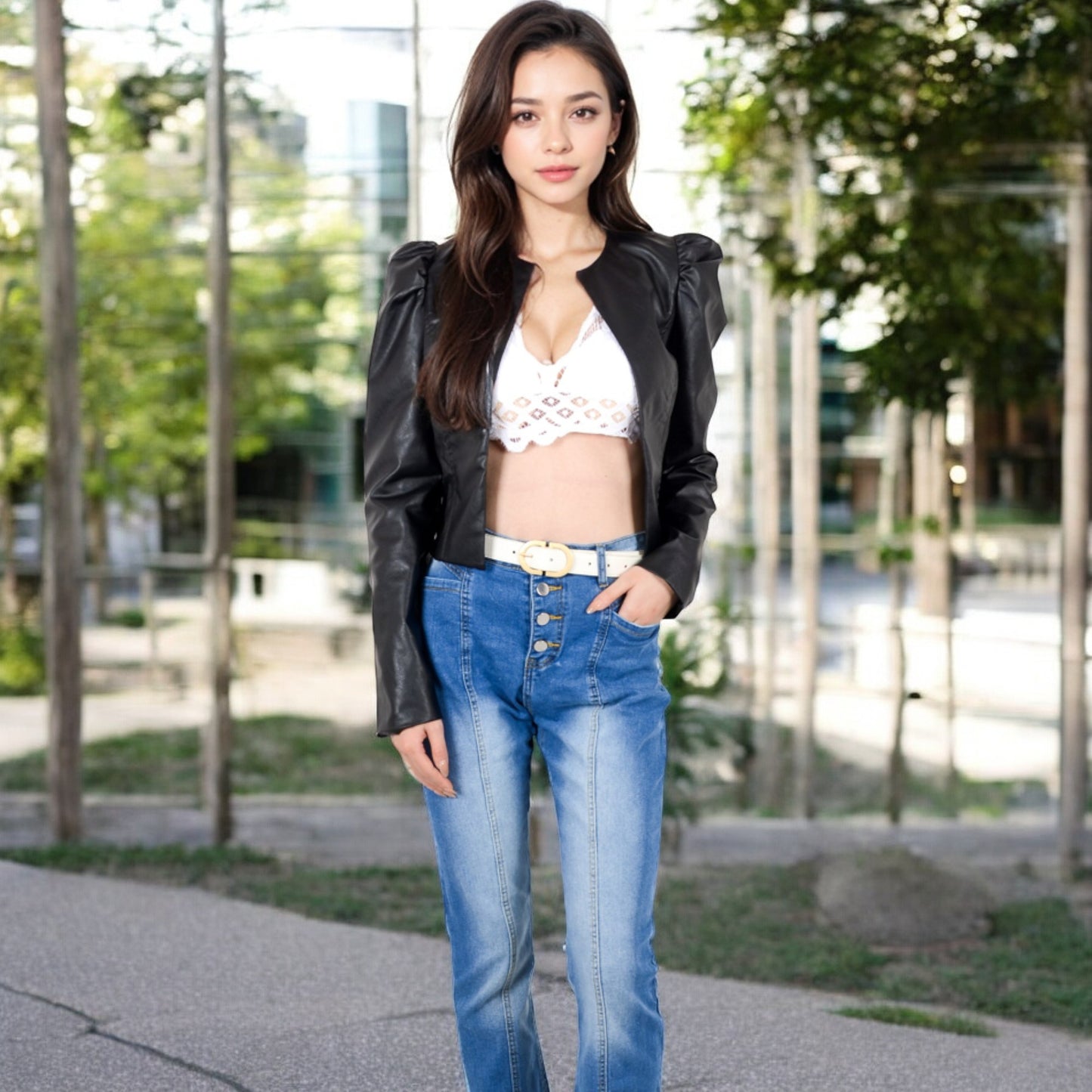 Anna-Kaci Women's Cropped Faux Leather Jacket with Puff Shoulder Detail