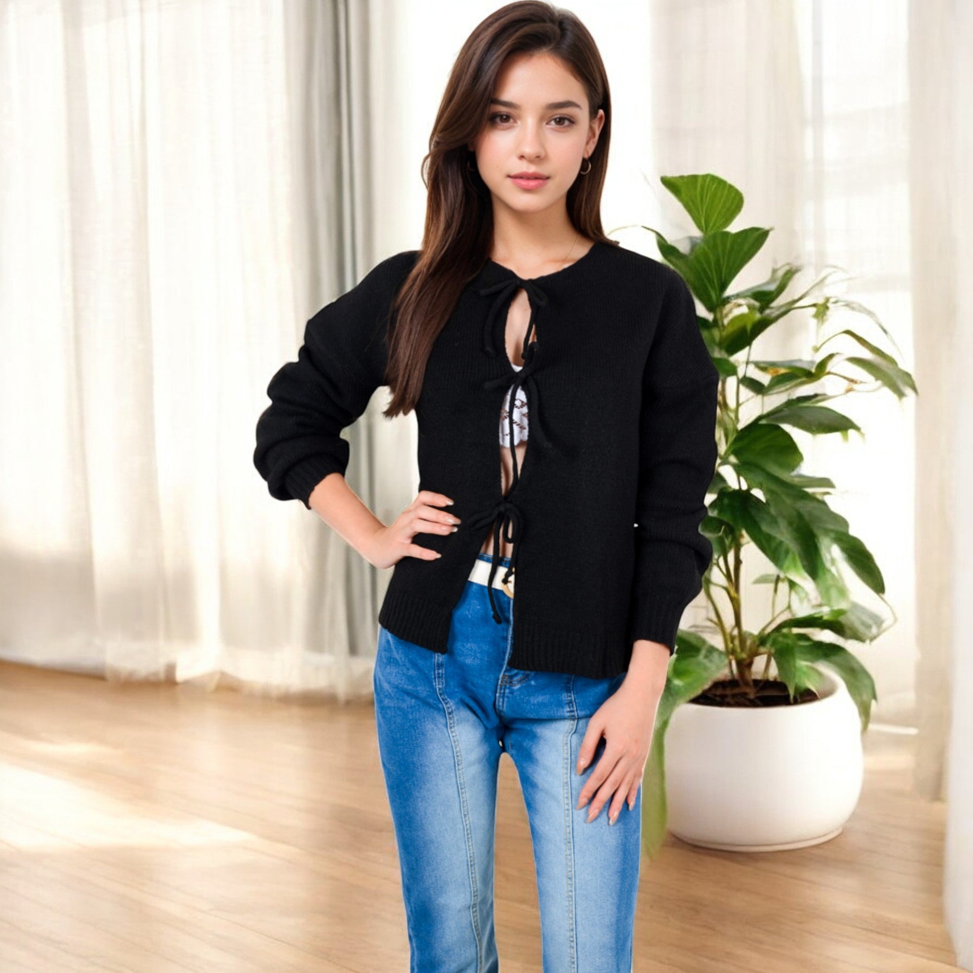 Anna-Kaci Women's Tie Front Knit Cardigan with Long Sleeves and Open Front Design