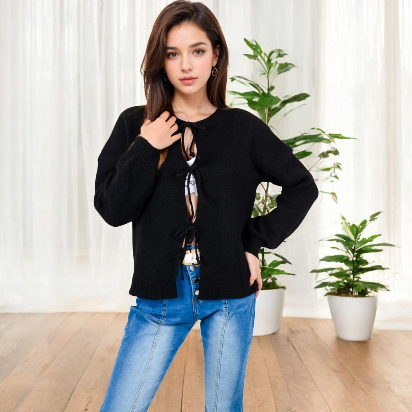 Anna-Kaci Women's Tie Front Knit Cardigan with Long Sleeves and Open Front Design