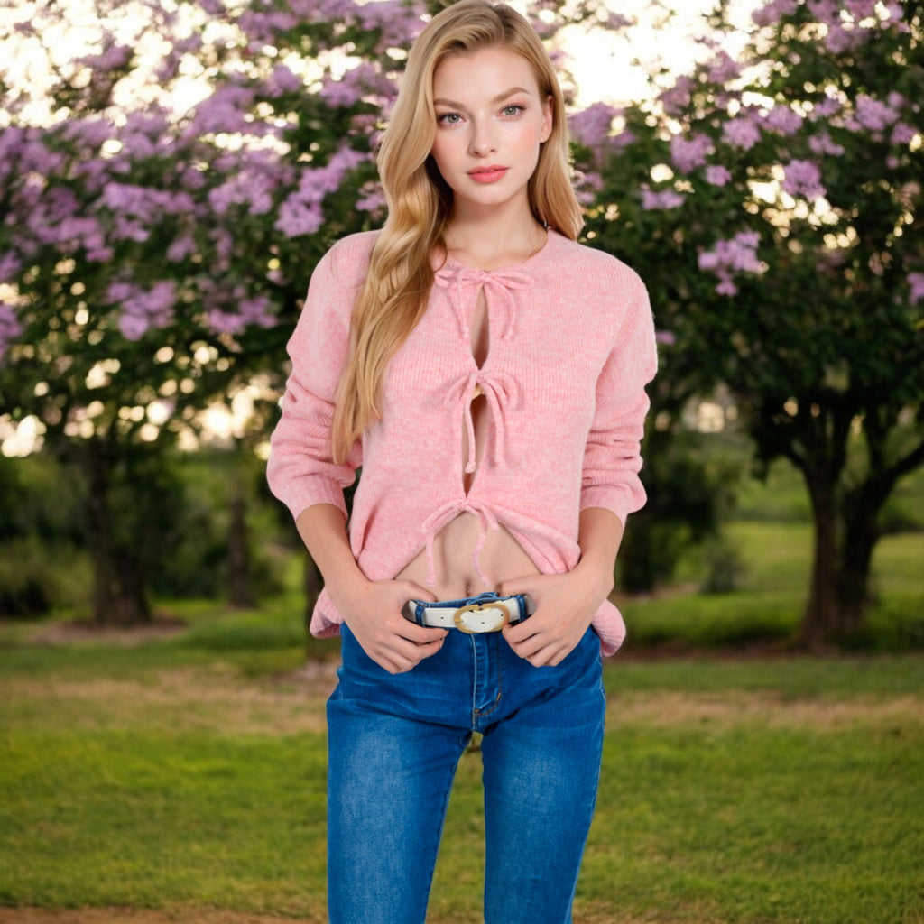 Anna-Kaci Women's Tie Front Knit Cardigan with Long Sleeves and Open Front Design