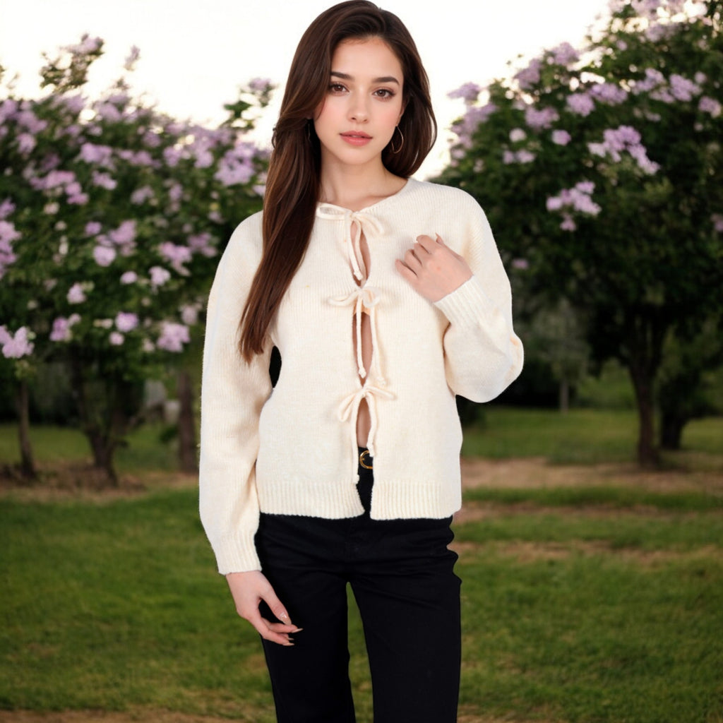 Anna-Kaci Women's Tie Front Knit Cardigan with Long Sleeves and Open Front Design