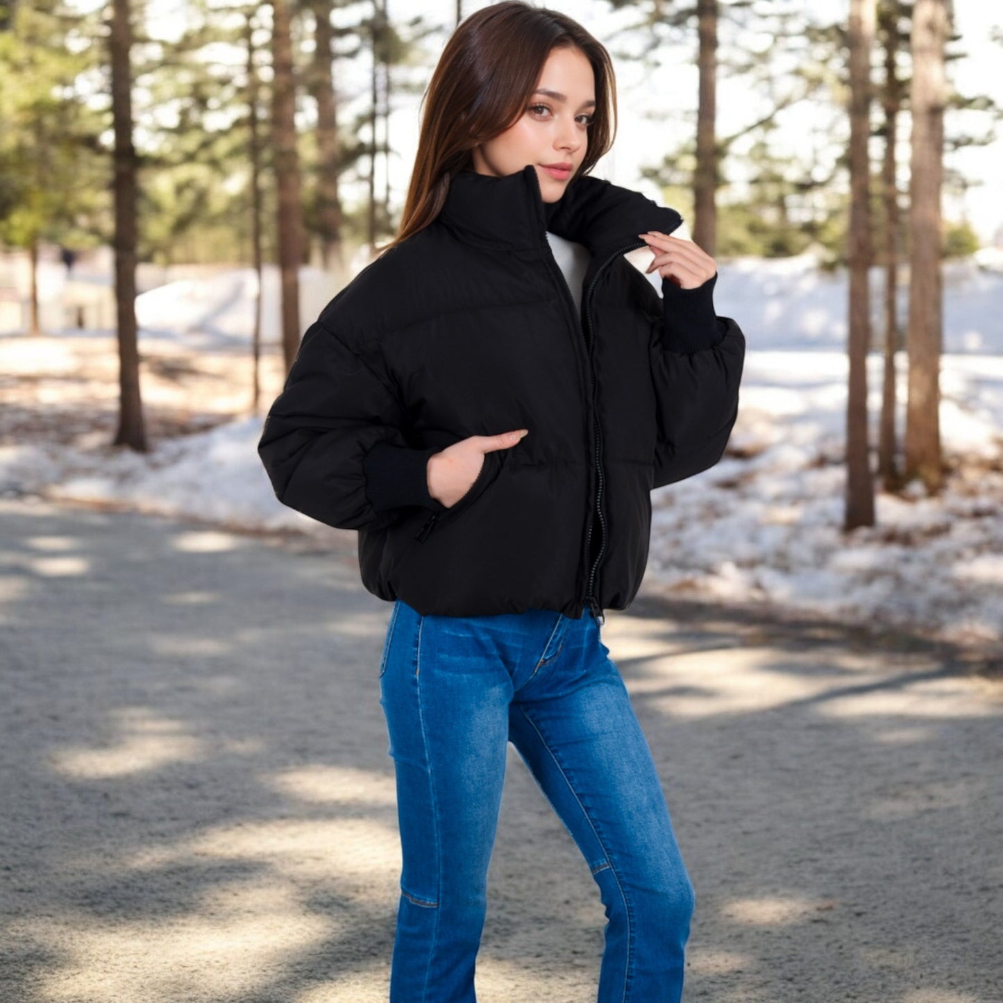 Anna-Kaci Women's Oversized Quilted Puffer Jacket with Zipper Front and Ribbed Cuffs