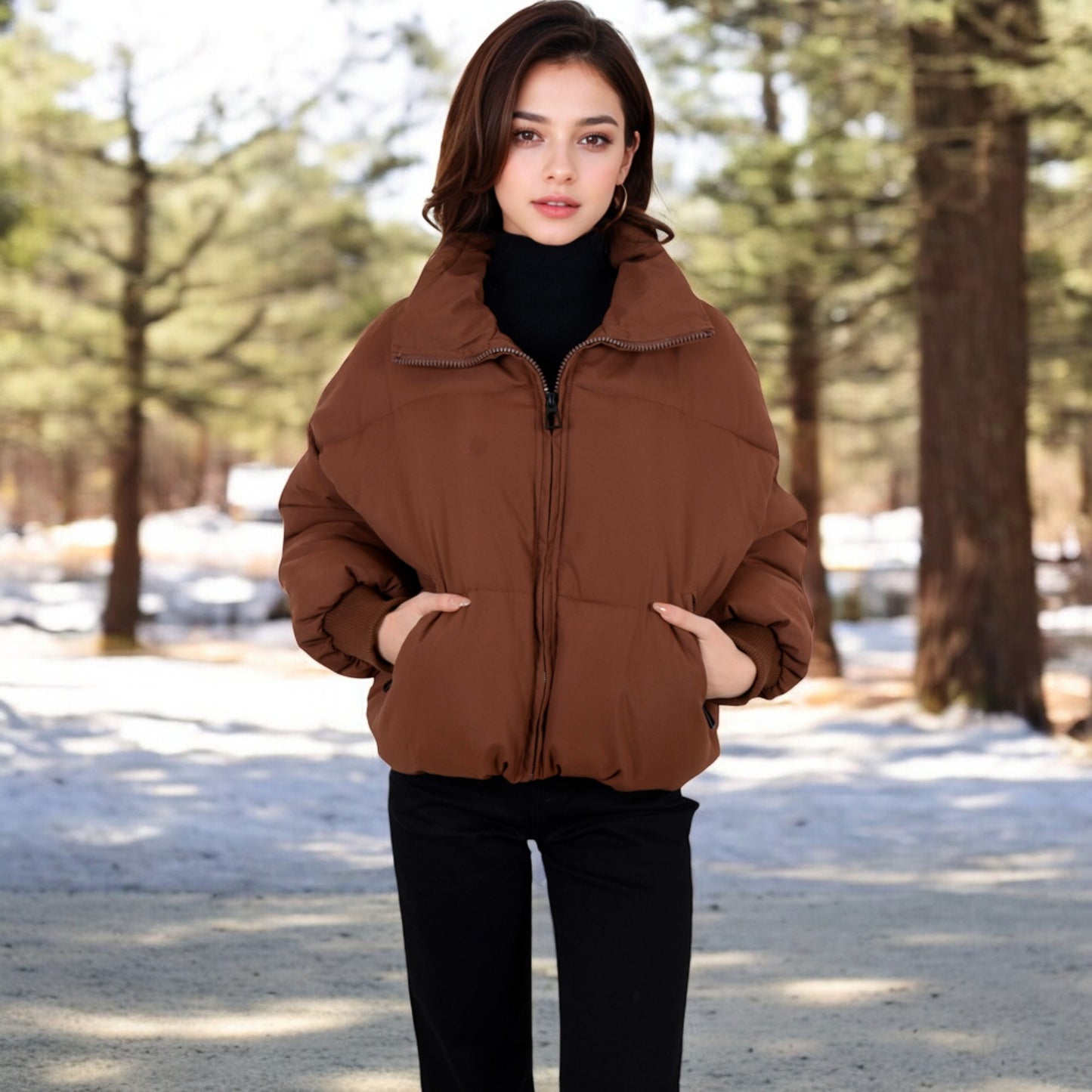 Anna-Kaci Women's Oversized Quilted Puffer Jacket with Zipper Front and Ribbed Cuffs