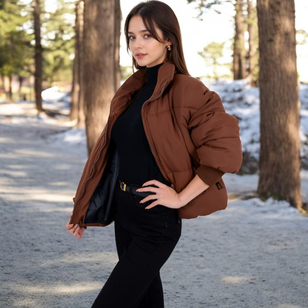 Anna-Kaci Women's Oversized Quilted Puffer Jacket with Zipper Front and Ribbed Cuffs
