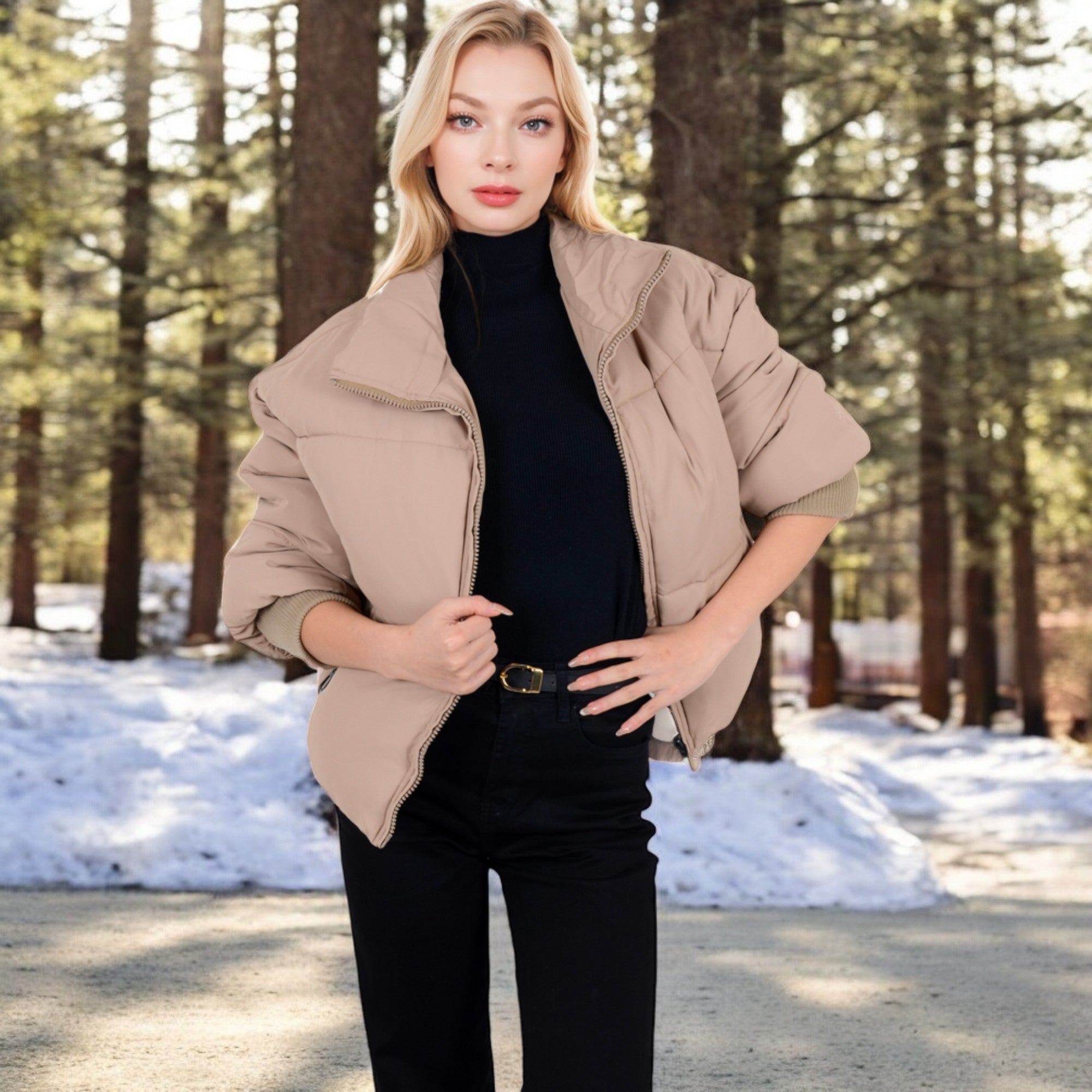 Anna-Kaci Women's Oversized Quilted Puffer Jacket with Zipper Front and Ribbed Cuffs