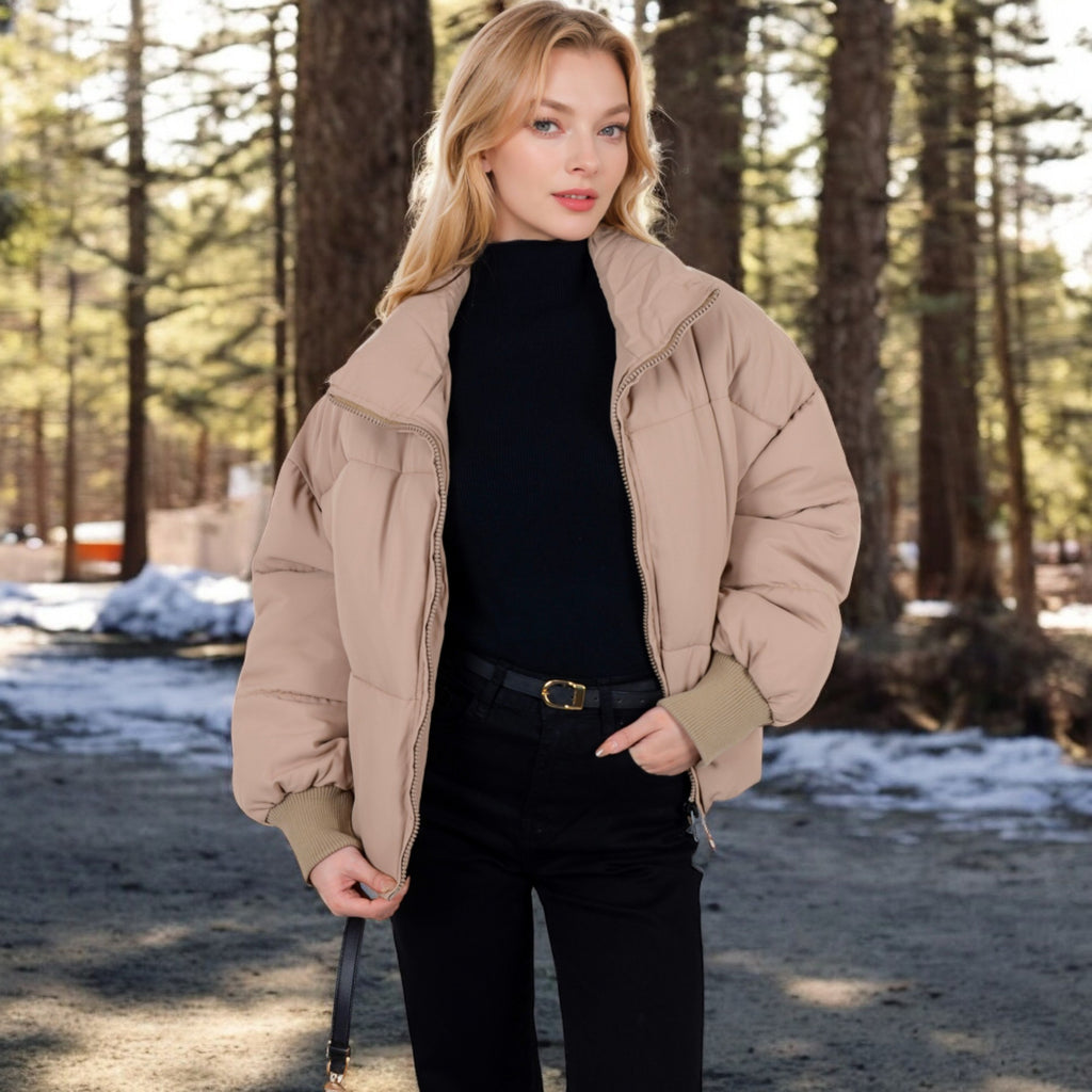 Anna-Kaci Women's Oversized Quilted Puffer Jacket with Zipper Front and Ribbed Cuffs