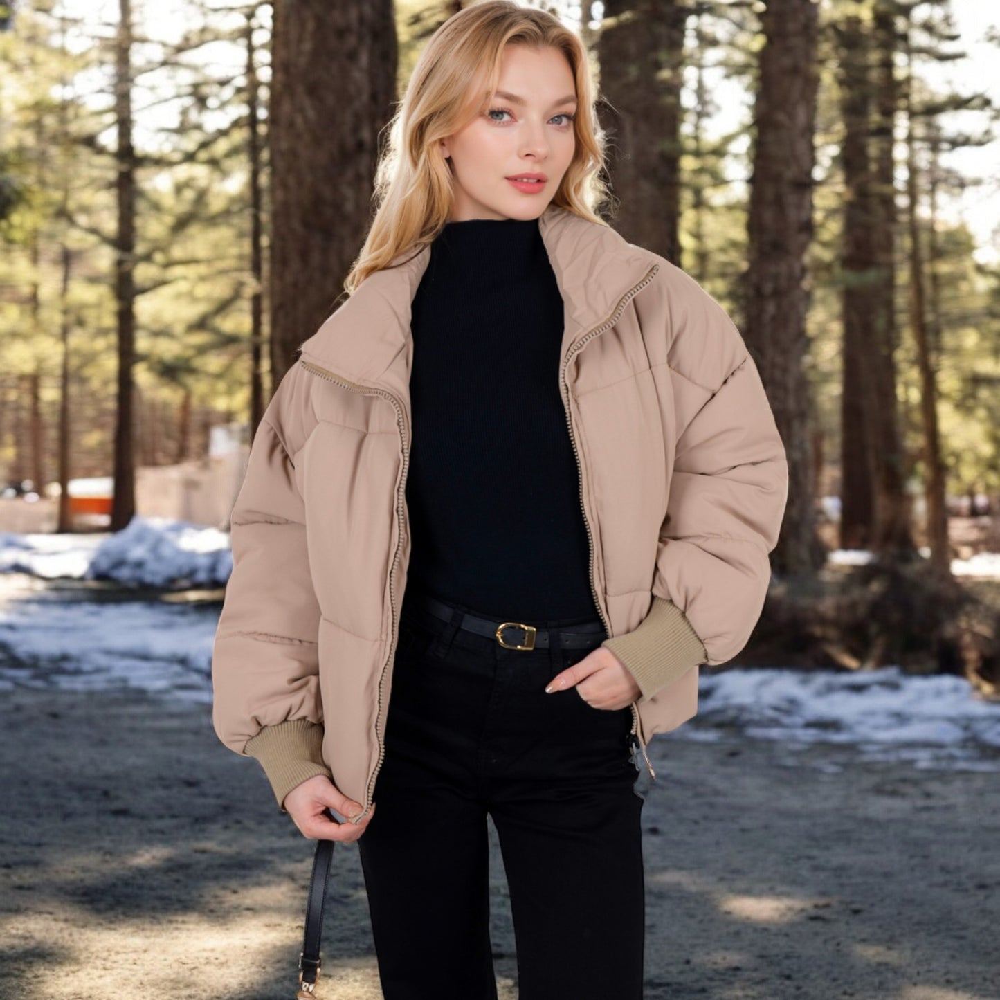 Anna-Kaci Women's Oversized Quilted Puffer Jacket with Zipper Front and Ribbed Cuffs