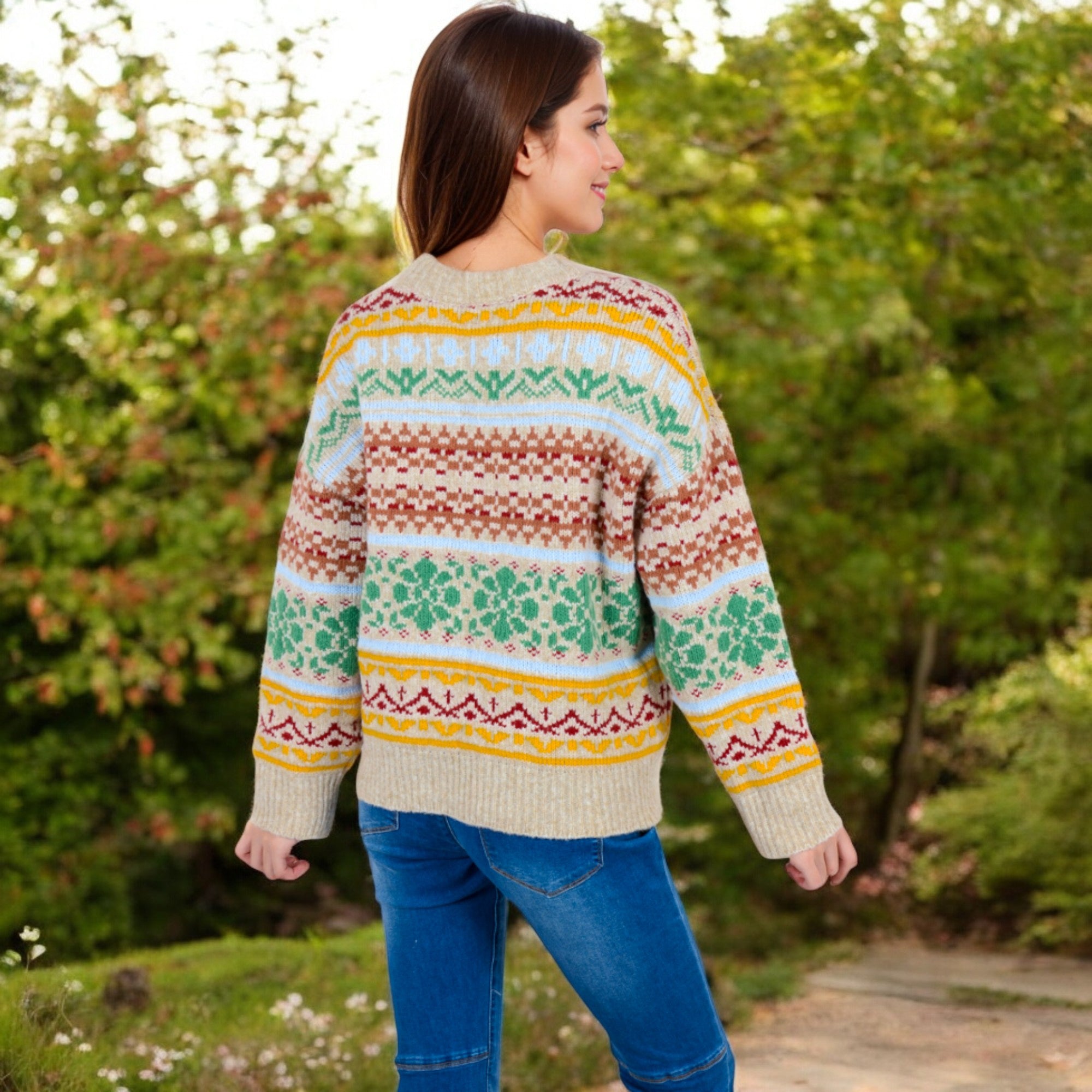 Anna-Kaci Women's Multi-Color Fair Isle Knit Sweater with Crew Neck and Long Sleeves