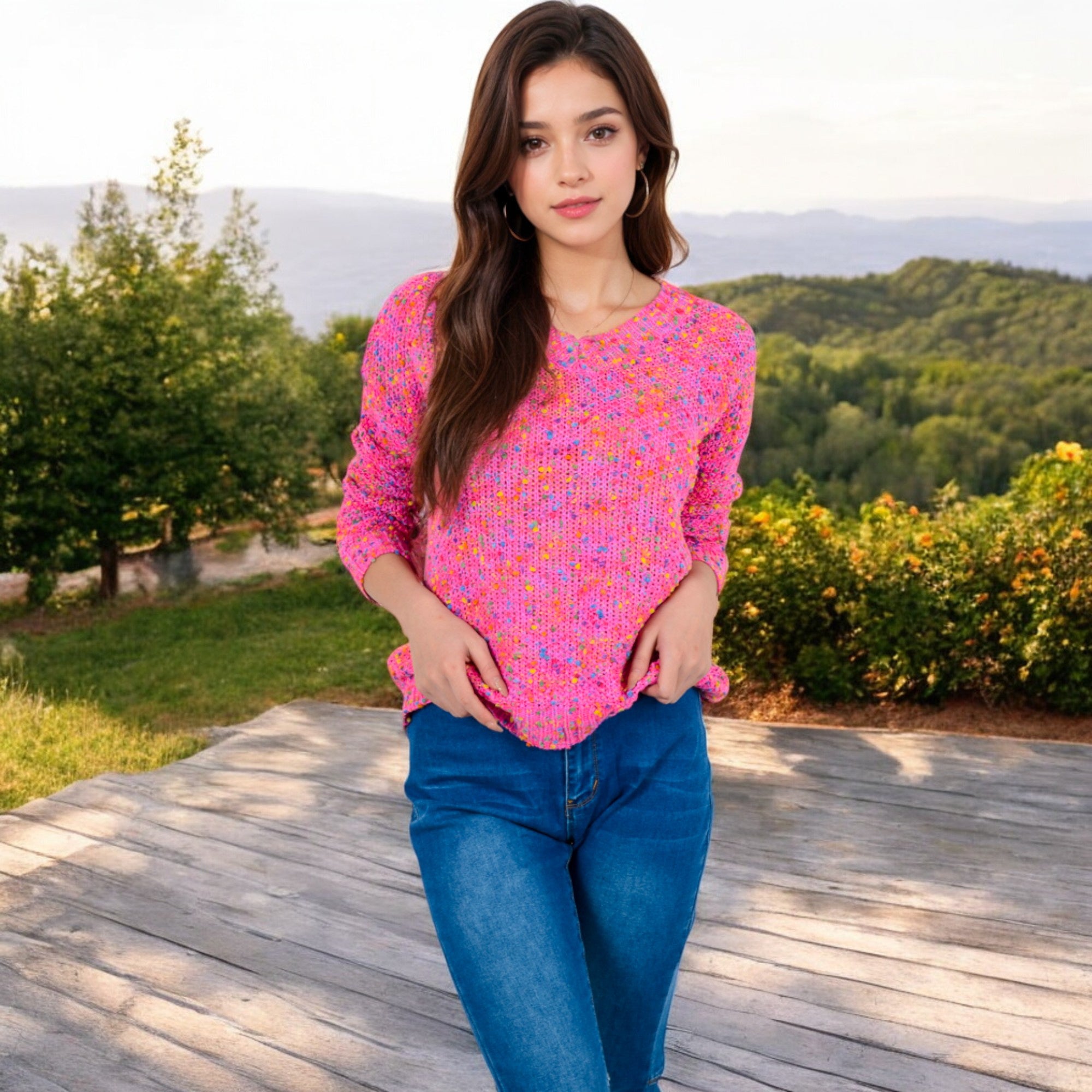 Anna-Kaci Women's Pink Confetti Knit Sweater with Crew Neck and Long Sleeves