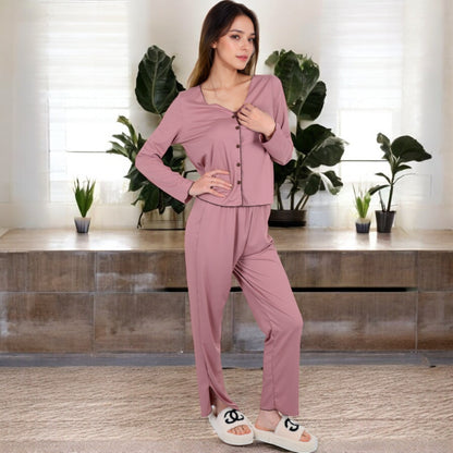 Anna-Kaci Women's Satin 2-Piece Pajama Set with Button-Up Long Sleeve Top and Relaxed Fit Pants