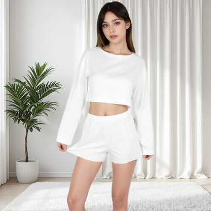 Anna-Kaci Women's Long Sleeve Crop Top and Elastic Waist Lounge Shorts Set