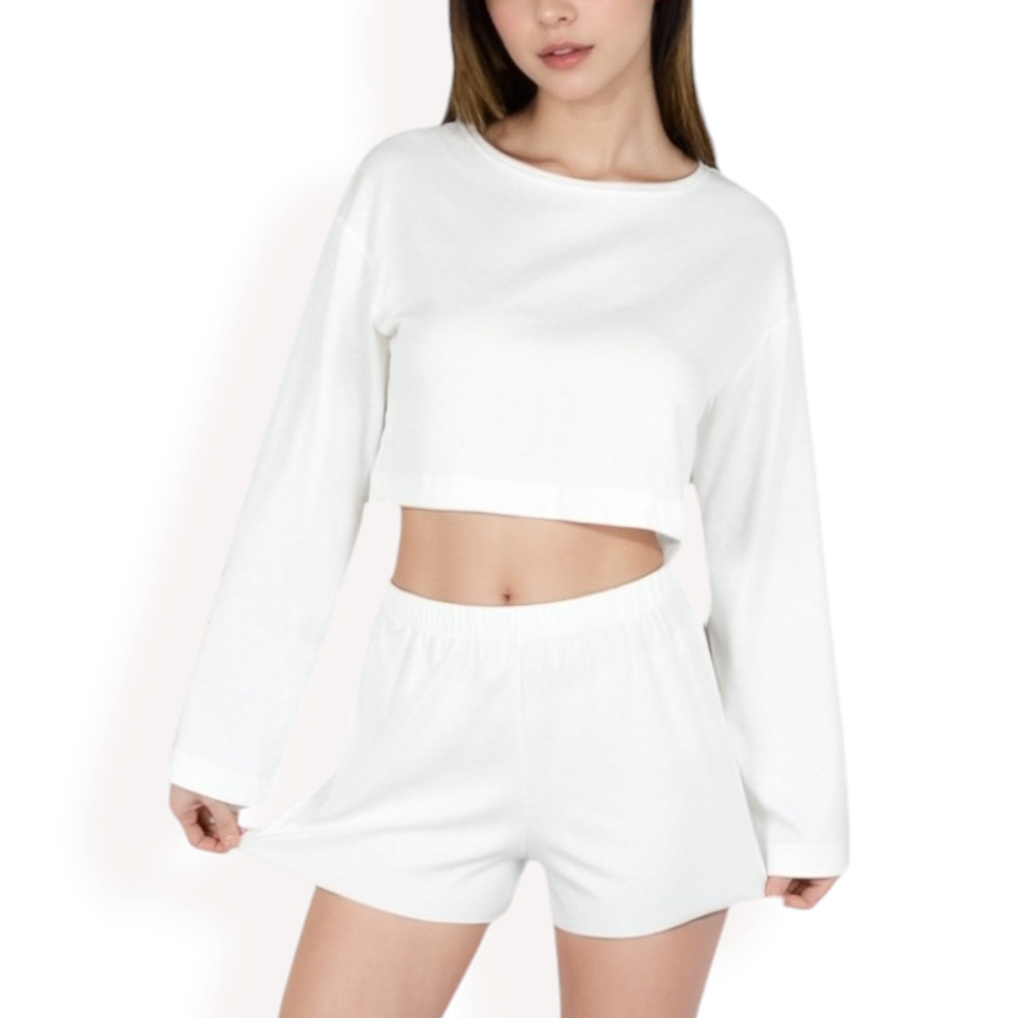 Anna-Kaci Women's Long Sleeve Crop Top and Elastic Waist Lounge Shorts Set