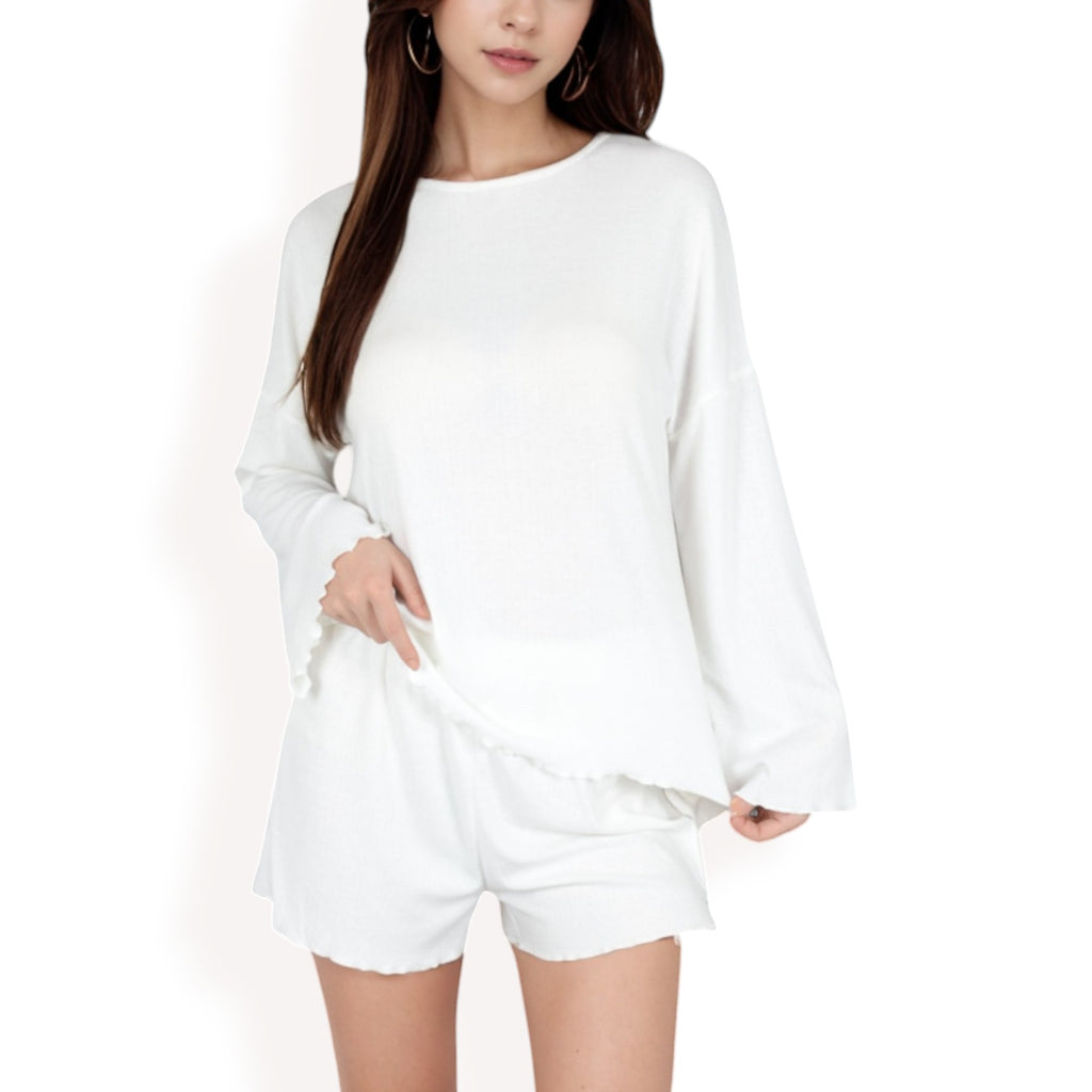Anna-Kaci Women's Long Sleeve Lounge Top and Elastic Waist Shorts Set