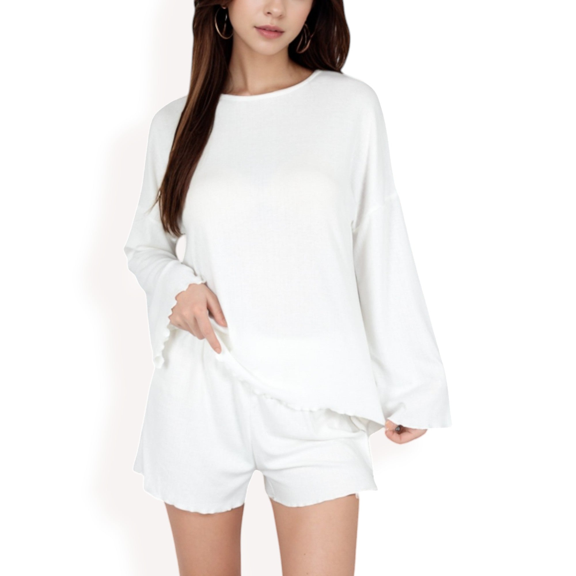 Anna-Kaci Women's Long Sleeve Lounge Top and Elastic Waist Shorts Set