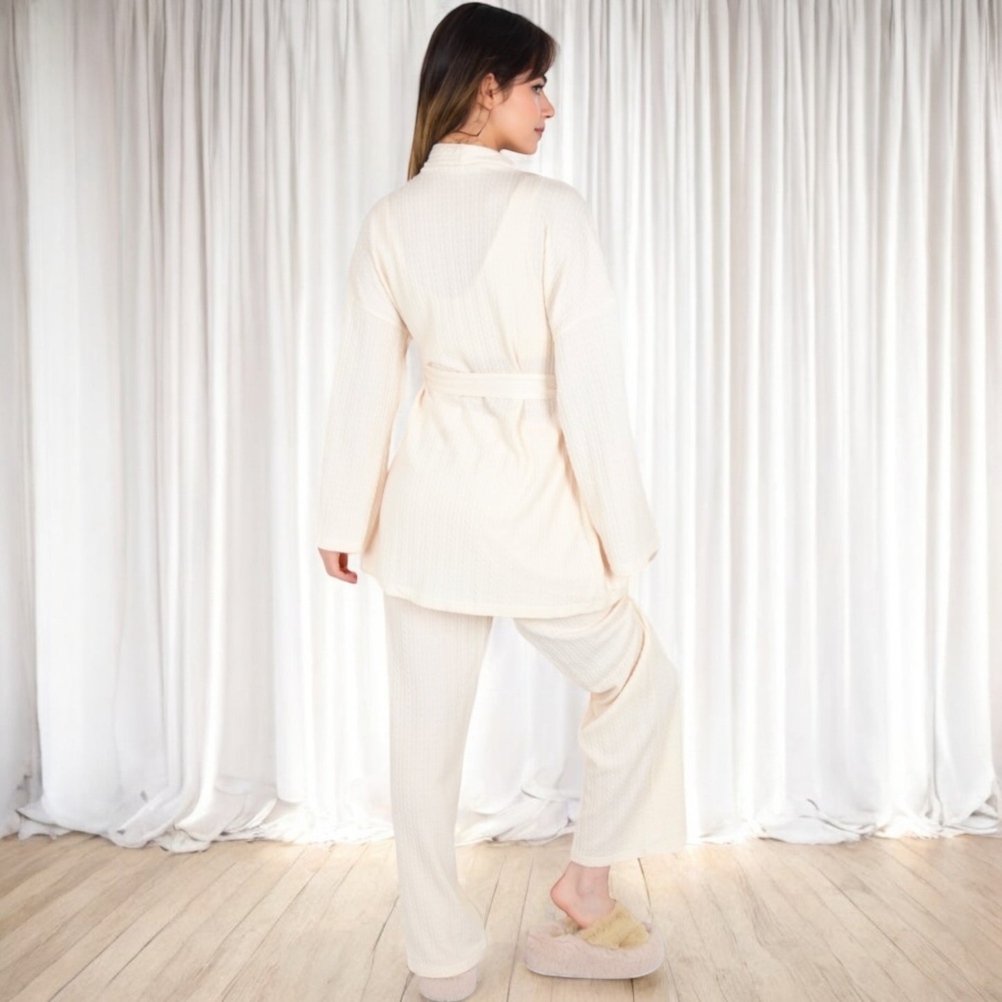 Anna-Kaci Women's 3-Piece Lounge Set with Tie-Front Cardigan and Ribbed Pants