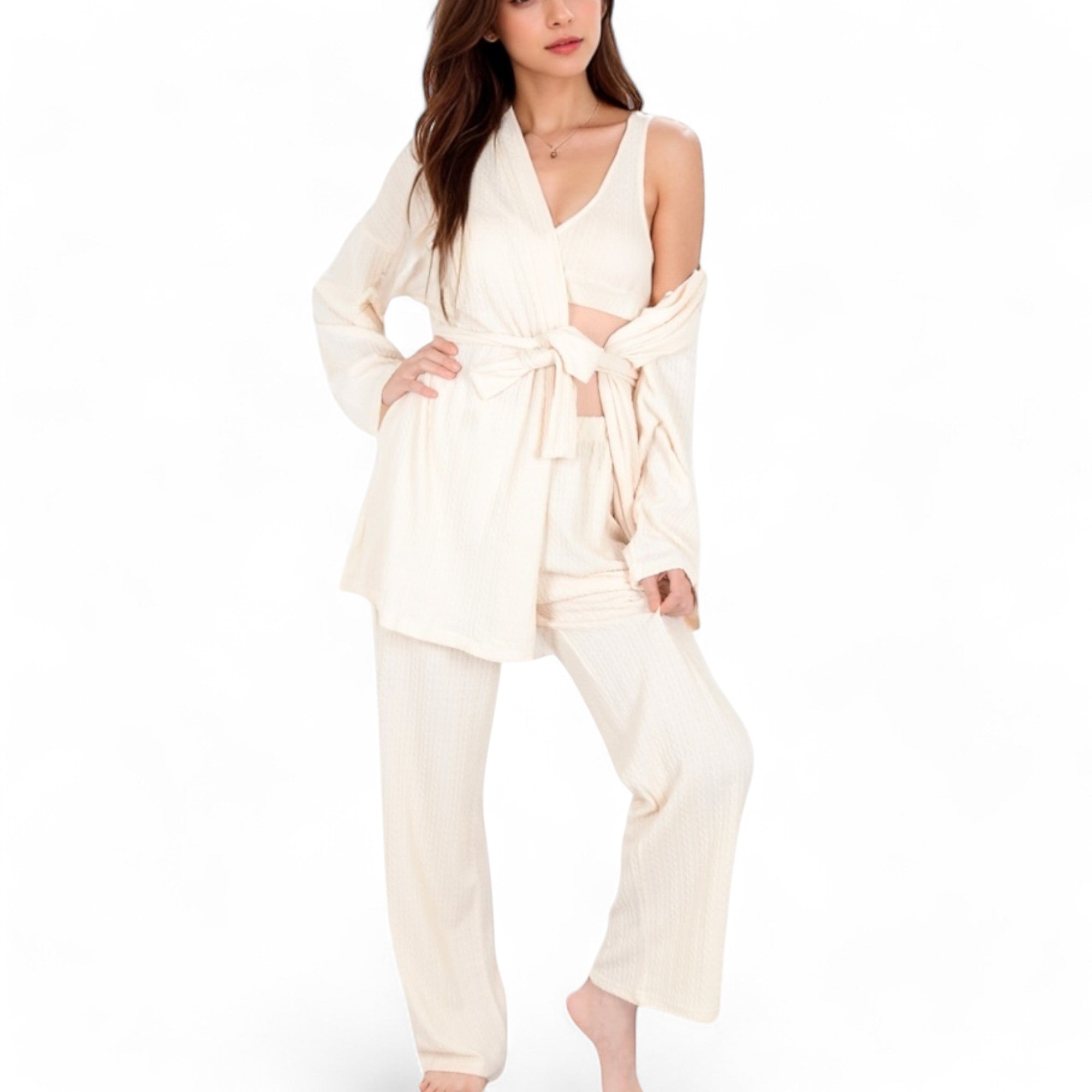 Anna-Kaci Women's 3-Piece Lounge Set with Tie-Front Cardigan and Ribbed Pants