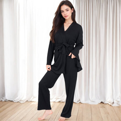 Anna-Kaci Women's 3-Piece Lounge Set with Tie-Front Cardigan and Ribbed Pants