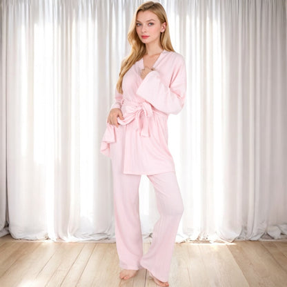 Anna-Kaci Women's 3-Piece Lounge Set with Tie-Front Cardigan and Ribbed Pants