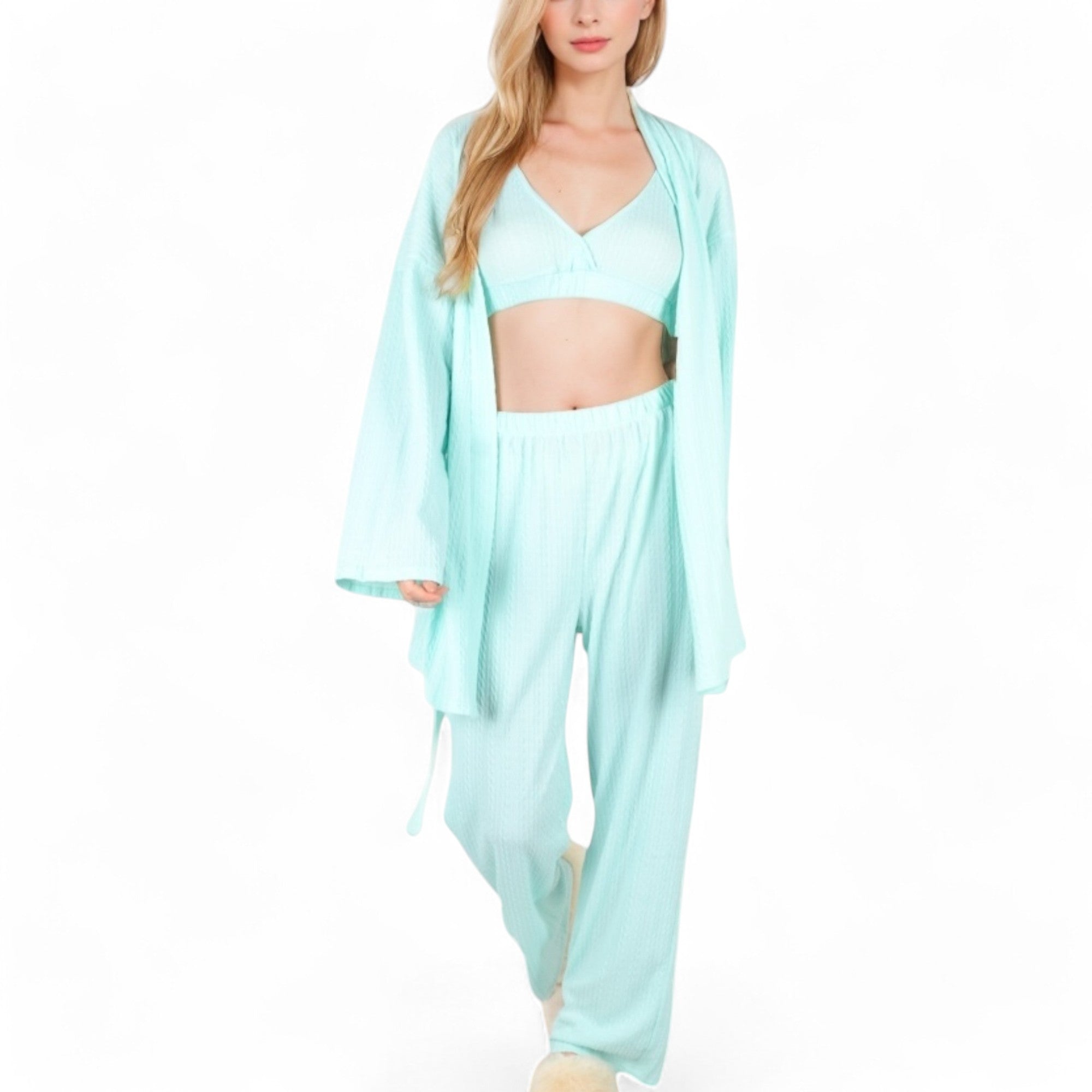 Anna-Kaci Women's 3-Piece Lounge Set with Tie-Front Cardigan and Ribbed Pants