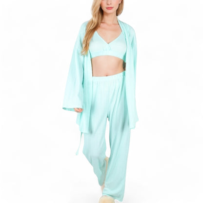 Anna-Kaci Women's 3-Piece Lounge Set with Tie-Front Cardigan and Ribbed Pants