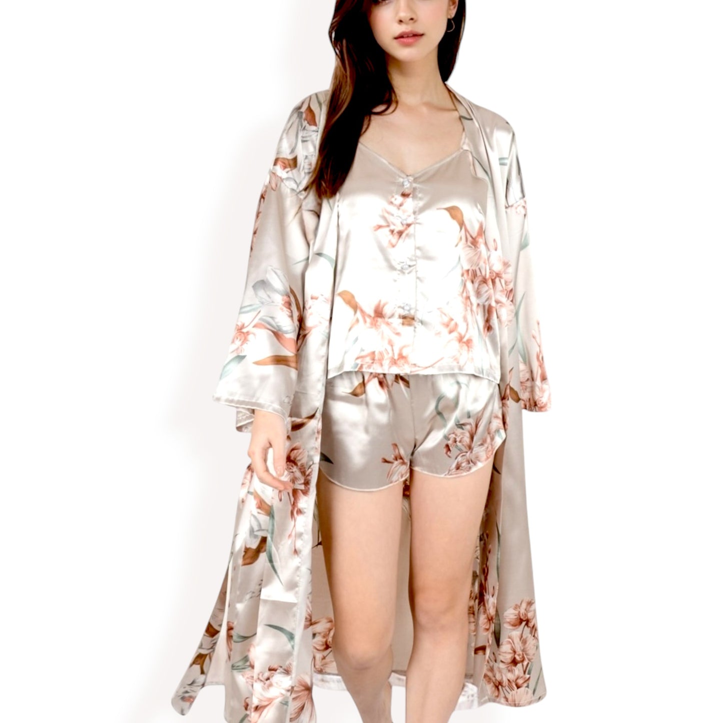 Anna-Kaci Women's Floral Satin Kimono Robe with Matching Cami Top and Shorts