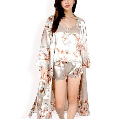 Anna-Kaci Women's Floral Satin Kimono Robe with Matching Cami Top and Shorts